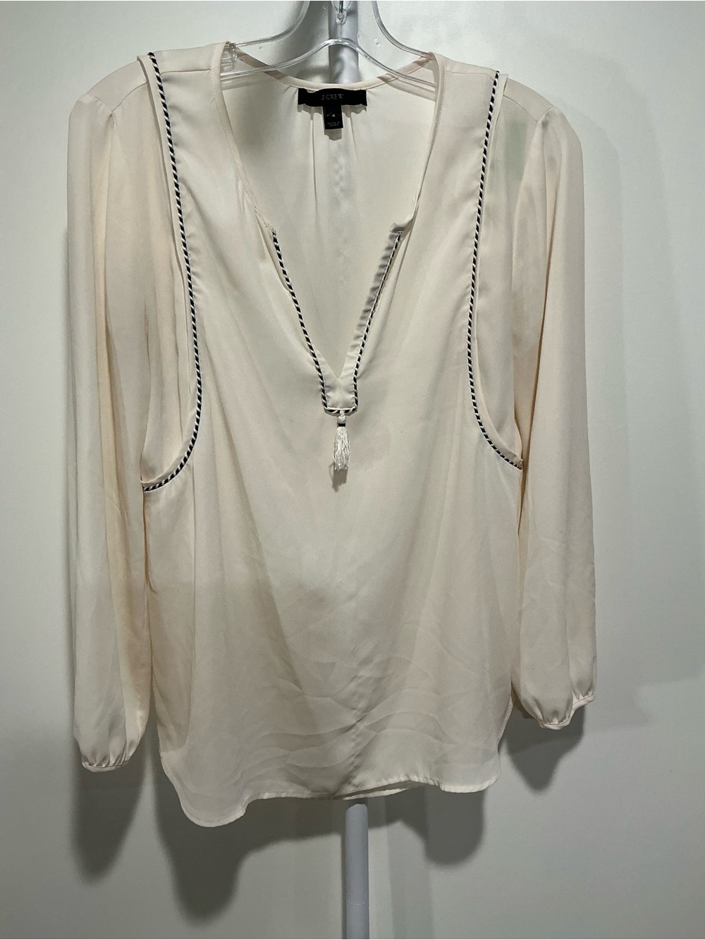 J. Crew Cream V-Neck Tassel Blouse with Black Trim